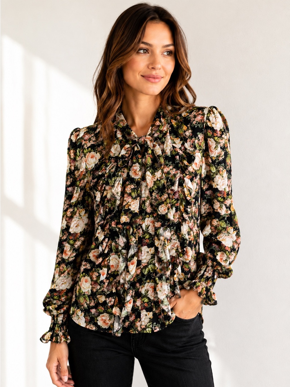 Manoush Marie Louise Floral Ruffle Tie Neck Blouse Size FR 42 US 10